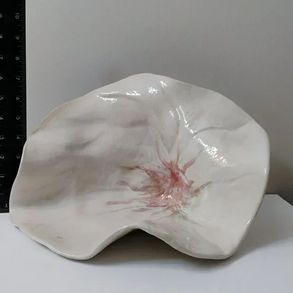 Handcrafted Art Pottery Flower Centerpiece Bowl, Decorative Ceramic White Pink - Picture 9 of 11